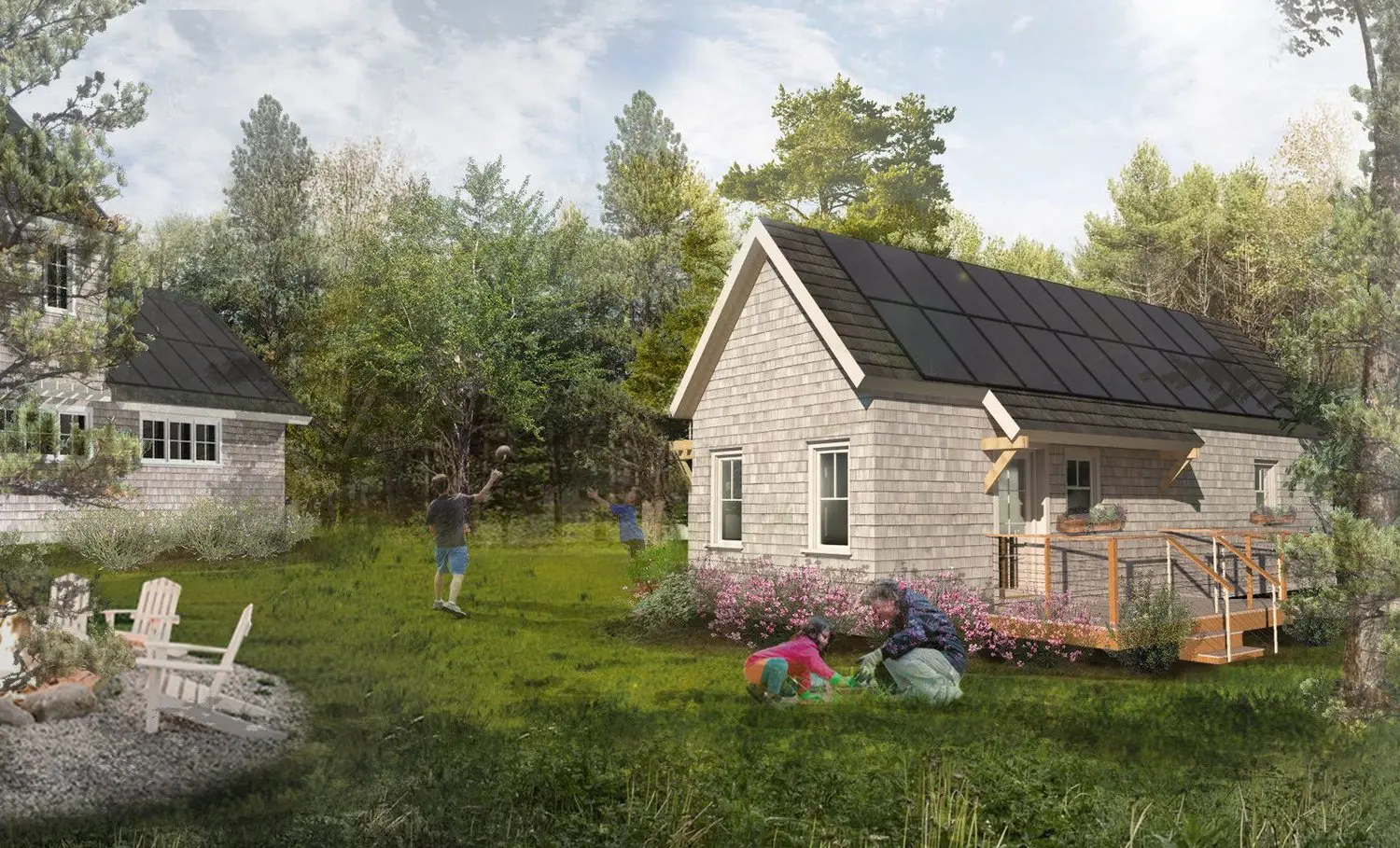 BrightBuilt Home Sidekick Prefab Home Illustration of a prefab house and landscape, BrightBuilt Home Sidekick Prefab Home