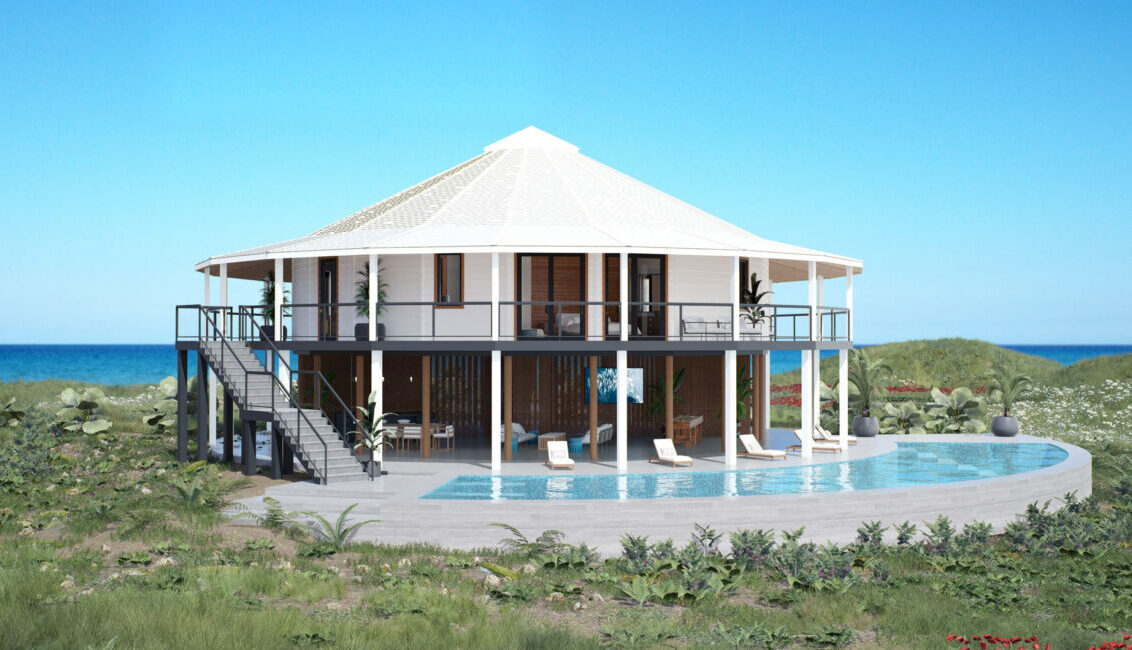 Deltec Homes Classic 360 Collection White and wood exterior of a circular prefab home with pool, Deltec Homes Classic 360, seaside setting with low greenery surrounding - photo